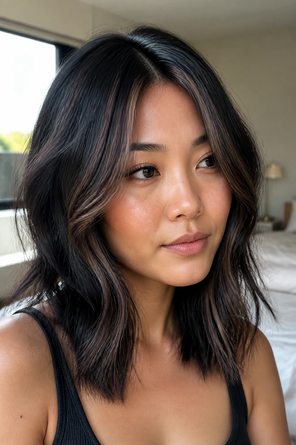 Close-up of smoky-black hair with ash-brown ribbons on a medium-length lob