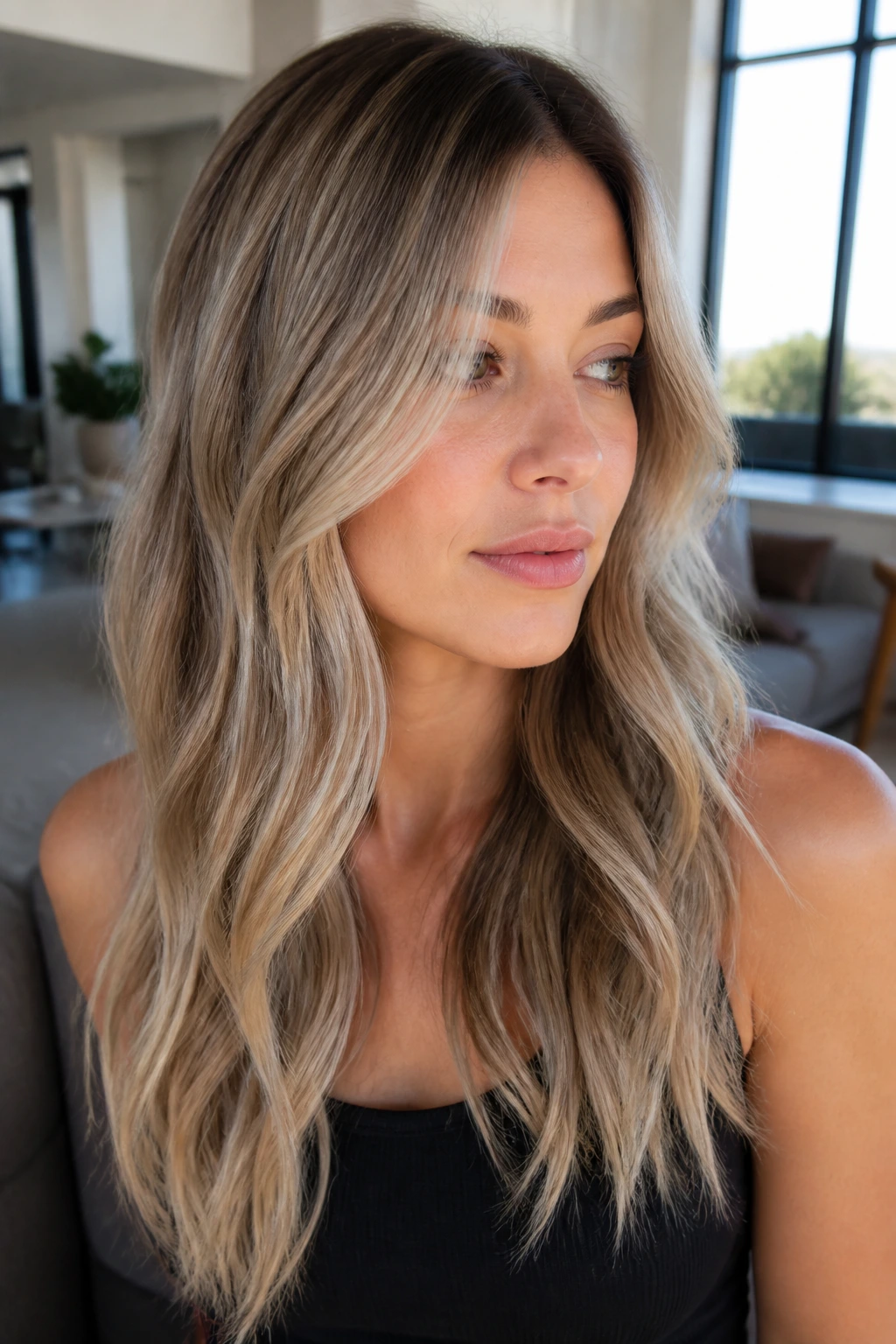 Close-up of a real woman with smoky blonde balayage in natural daylight.