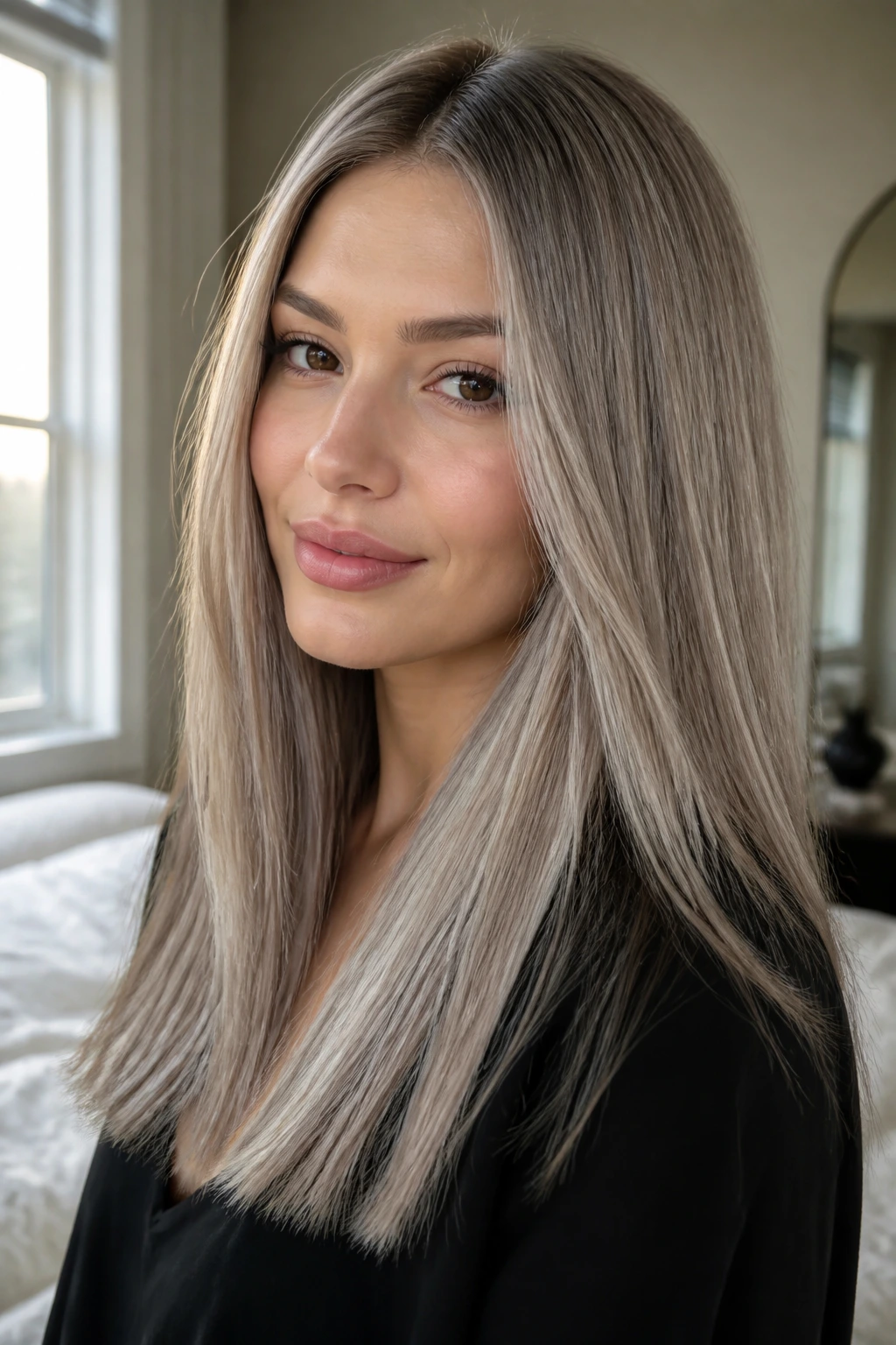 Close-up portrait of a real woman with smoky blonde hair in beige-gray tones.