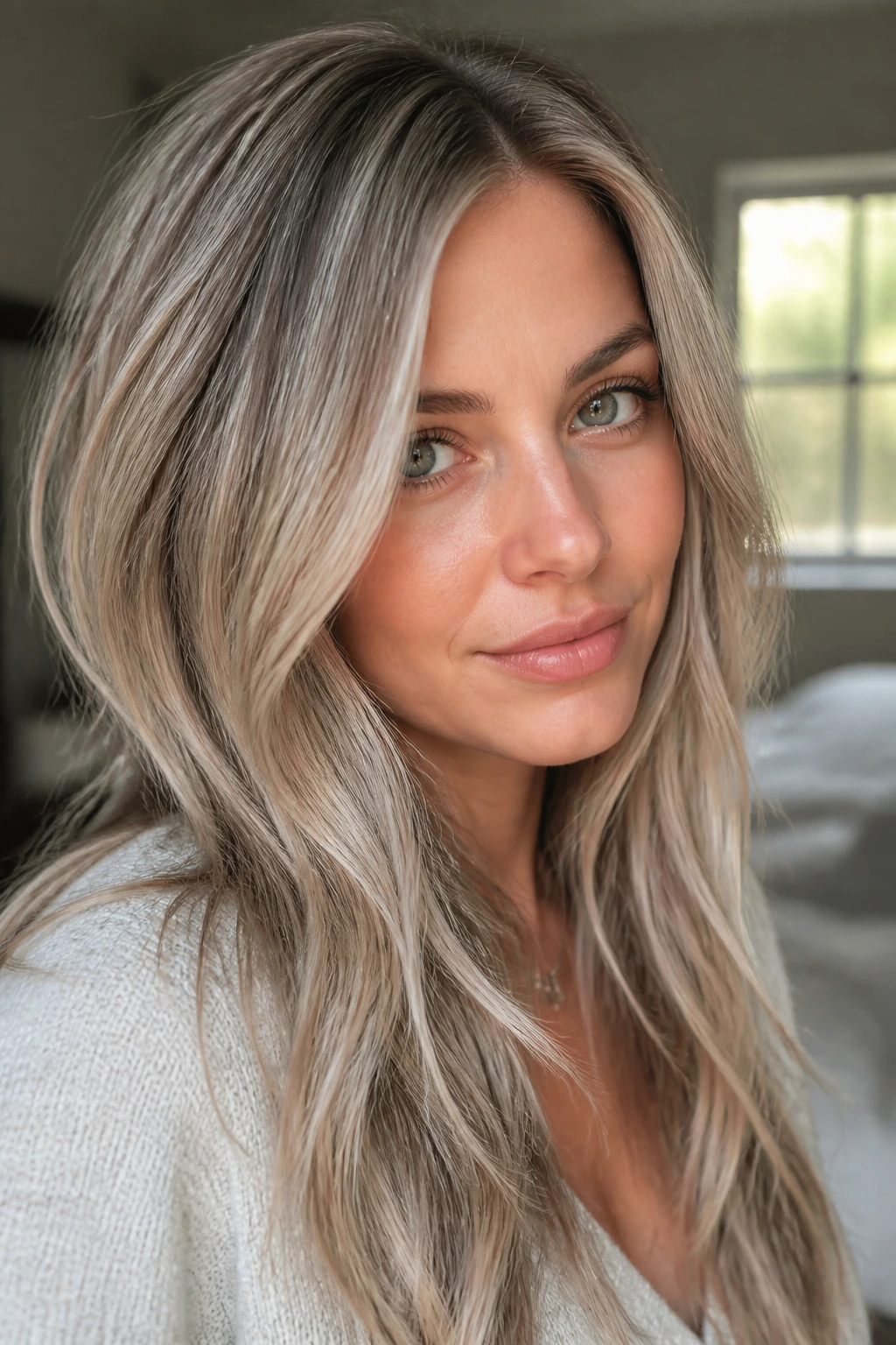 Close-up of a real woman with smoky blonde hair and ash lowlights