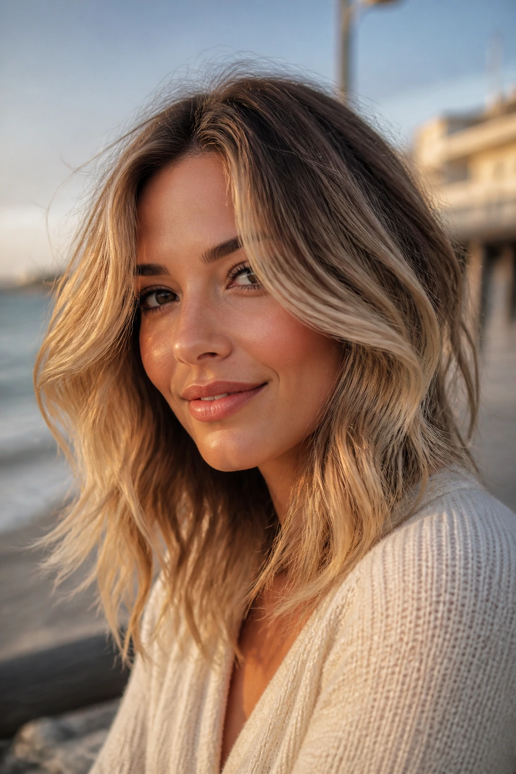 Portrait of a woman with smoky blonde melt and tousled waves in beachy light.