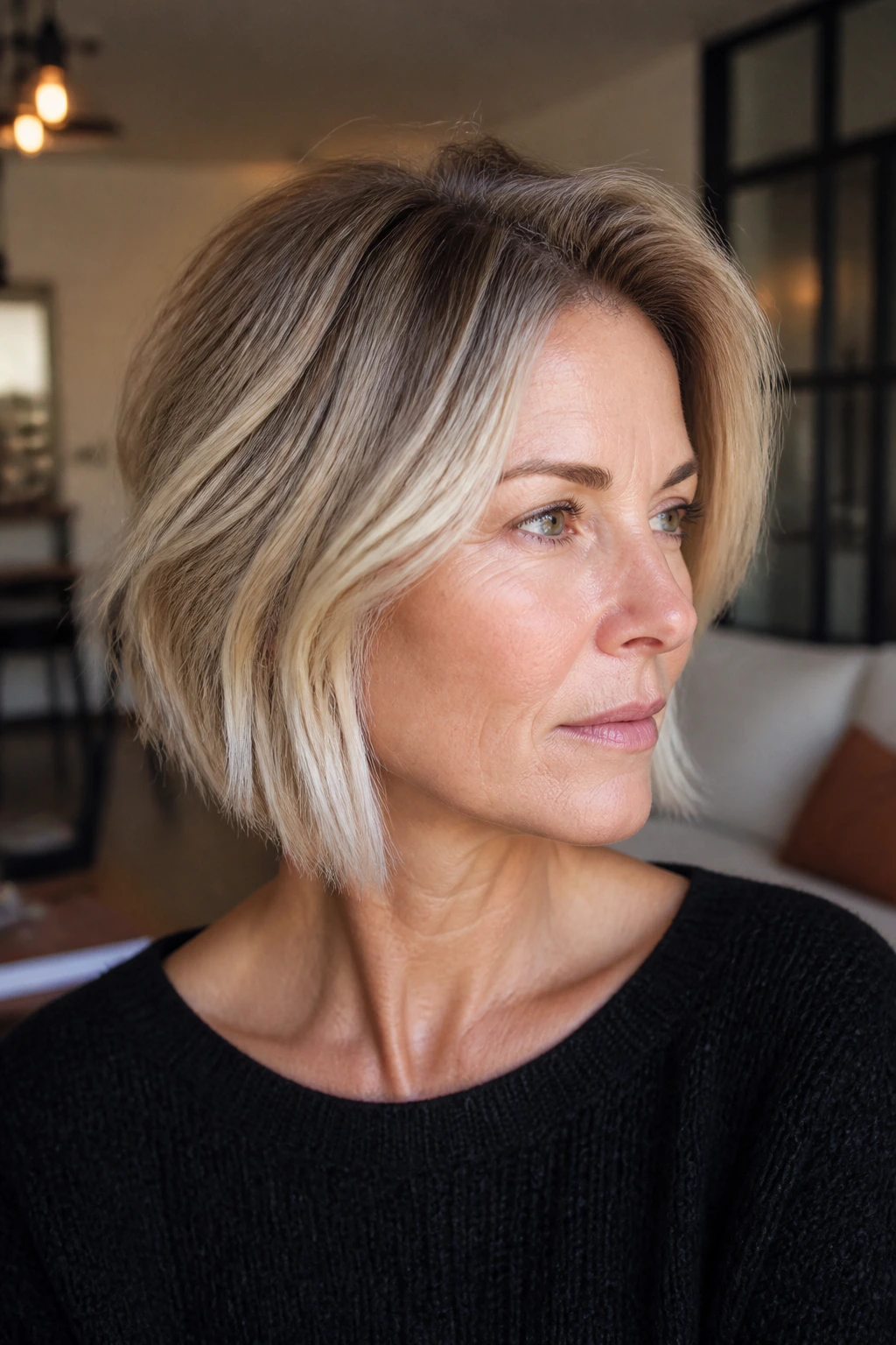 Portrait of a real person with smoky blonde root shadow on a short lob.