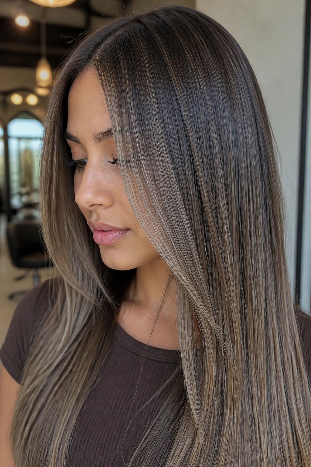 Close-up of smoky bronde with low-contrast balayage on straight hair
