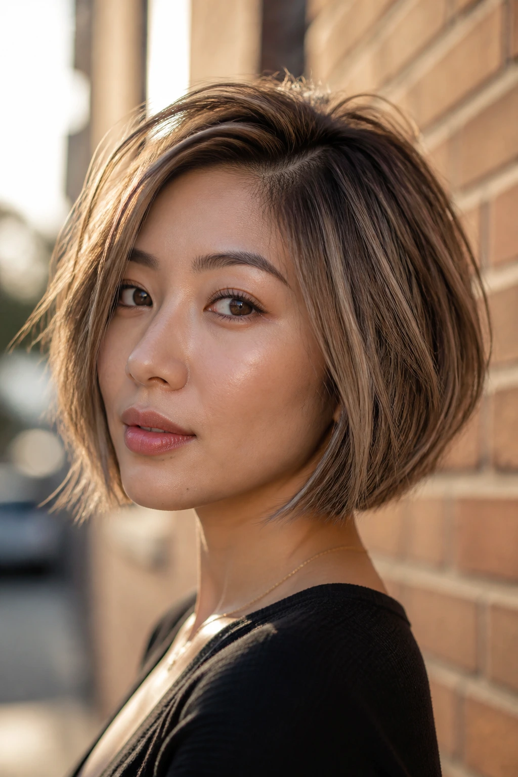 Portrait of Asian woman with smoky bronde layered bob on city street