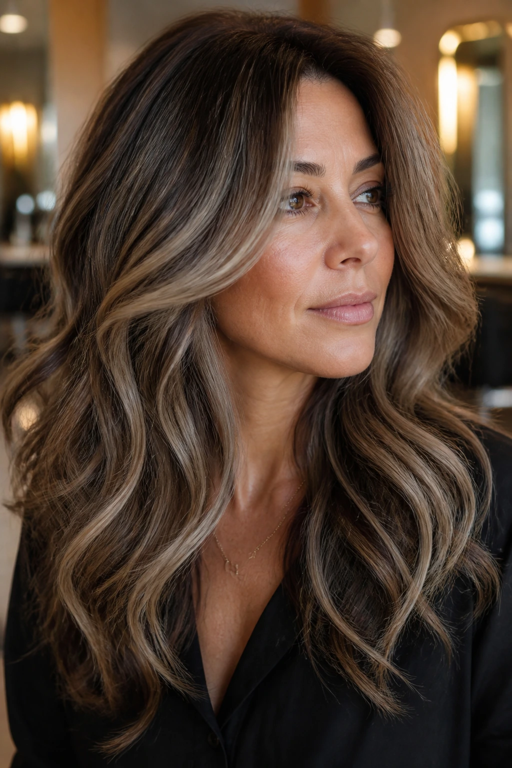 Close-up of a real woman with smoky bronde contour balayage