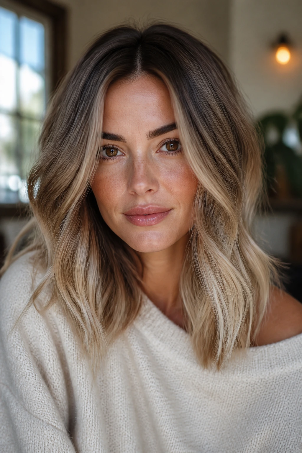 Close-up of smoky bronde melt with bright ends on medium-length hair