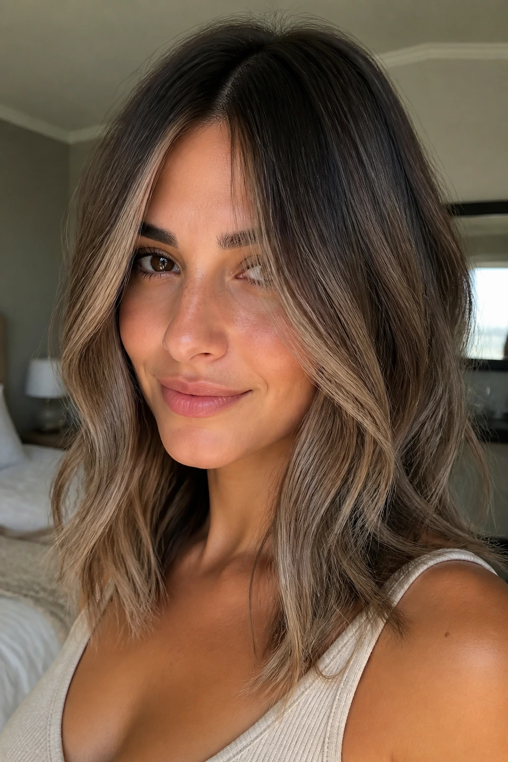 Close-up of smoky bronde with long face-framing pieces in soft daylight