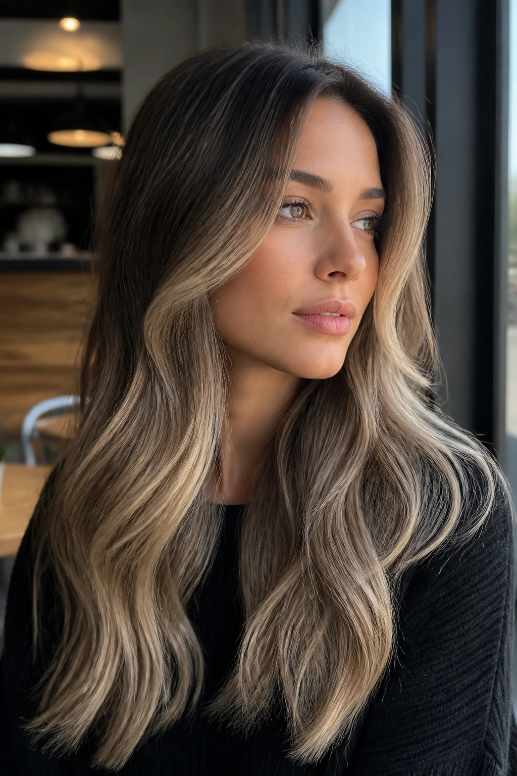 Close-up of a real woman's hair with smoky bronde gradient in a cafe setting
