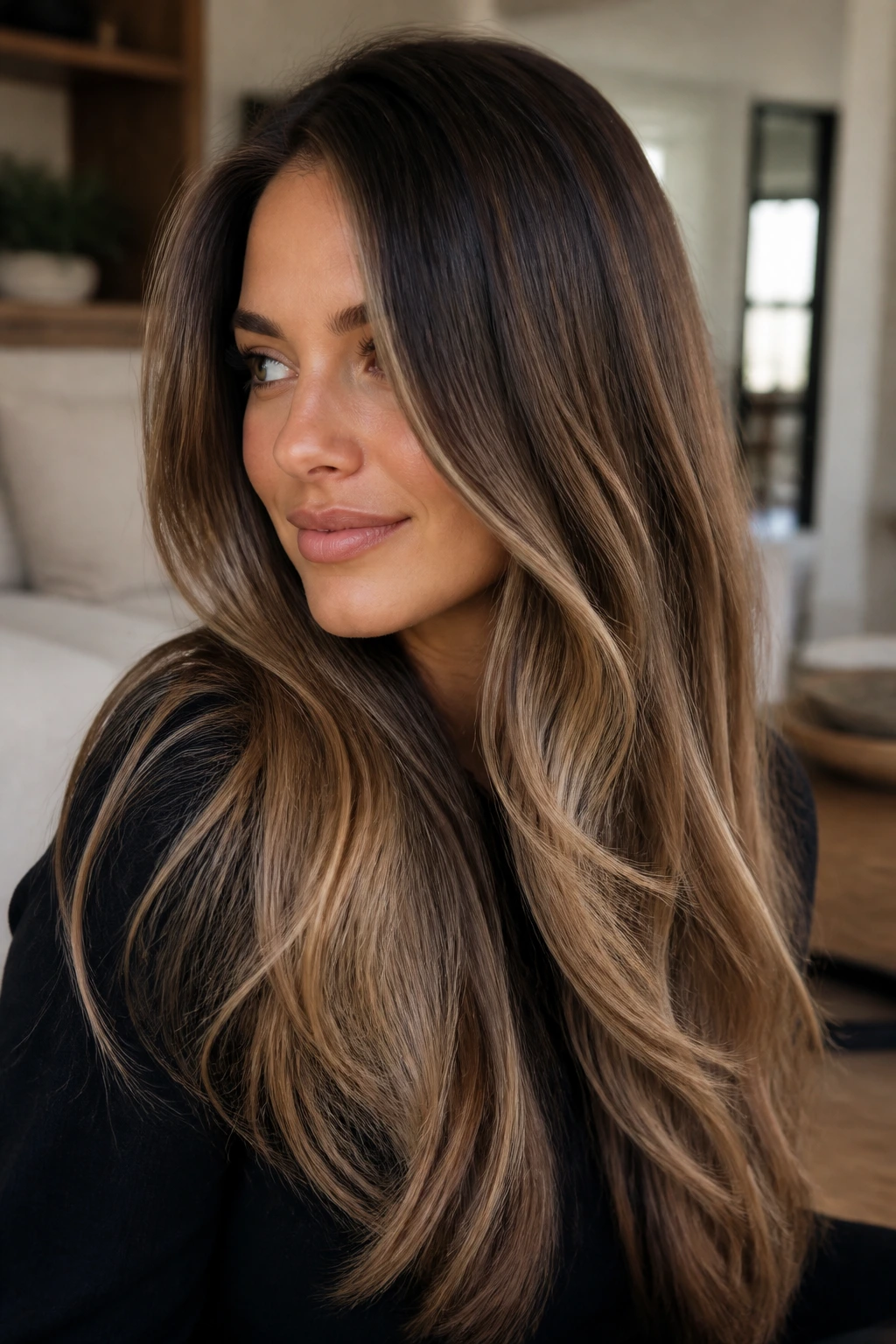 Close-up of a real woman's hair showing smoky bronde melt with dark roots and beige-brown mids