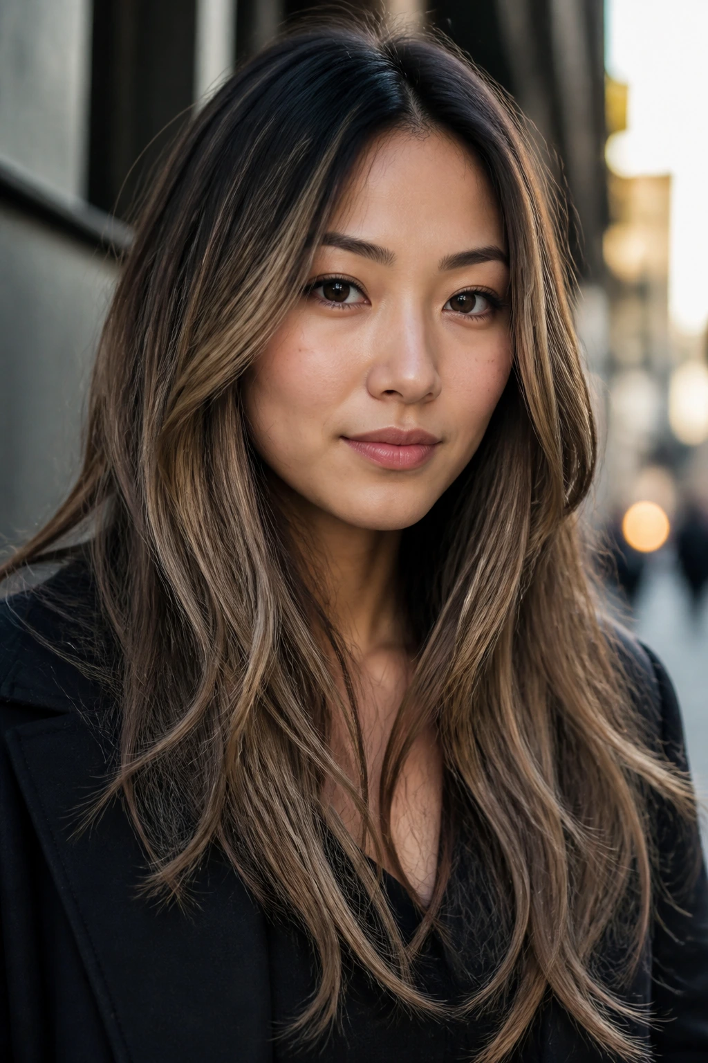 Portrait of a real woman with smoky bronde long layers in city light