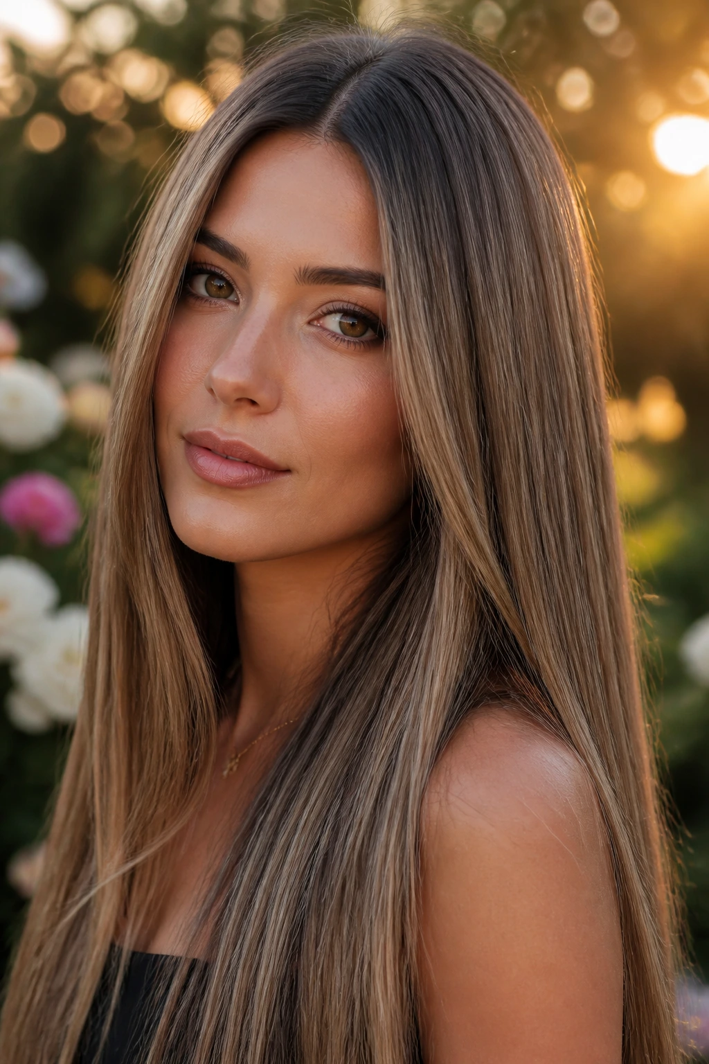 Close-up of a real woman's long straight hair in smoky bronde with a root melt