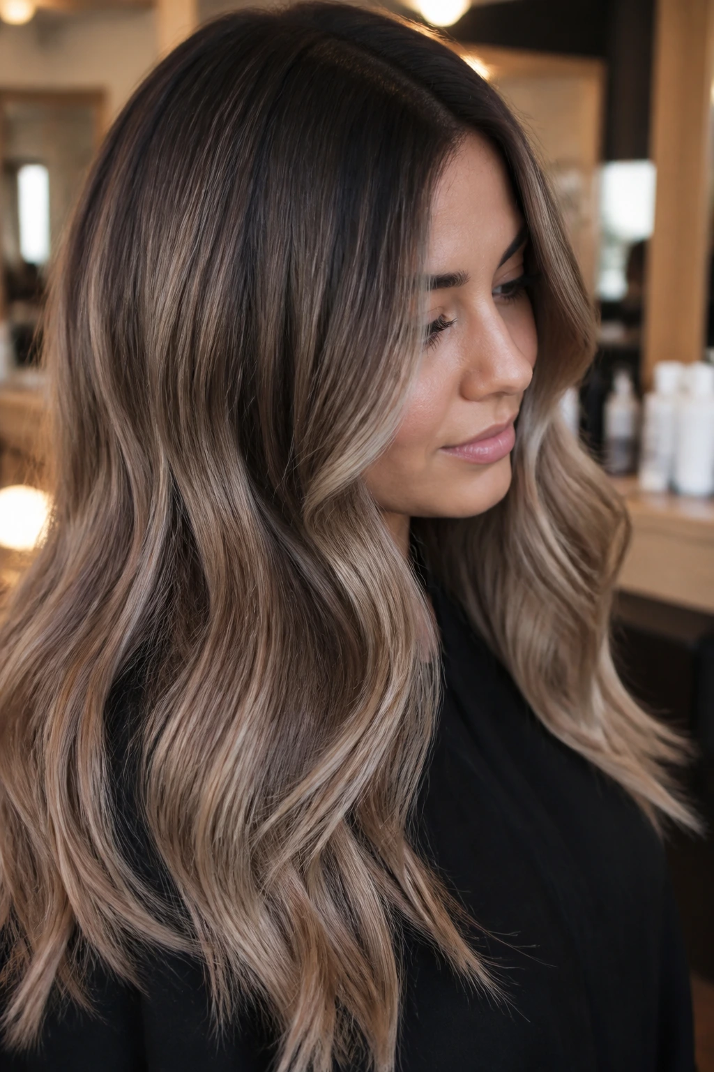 Close-up of smoky bronde melt showing dark roots fading to lighter ends on a real person