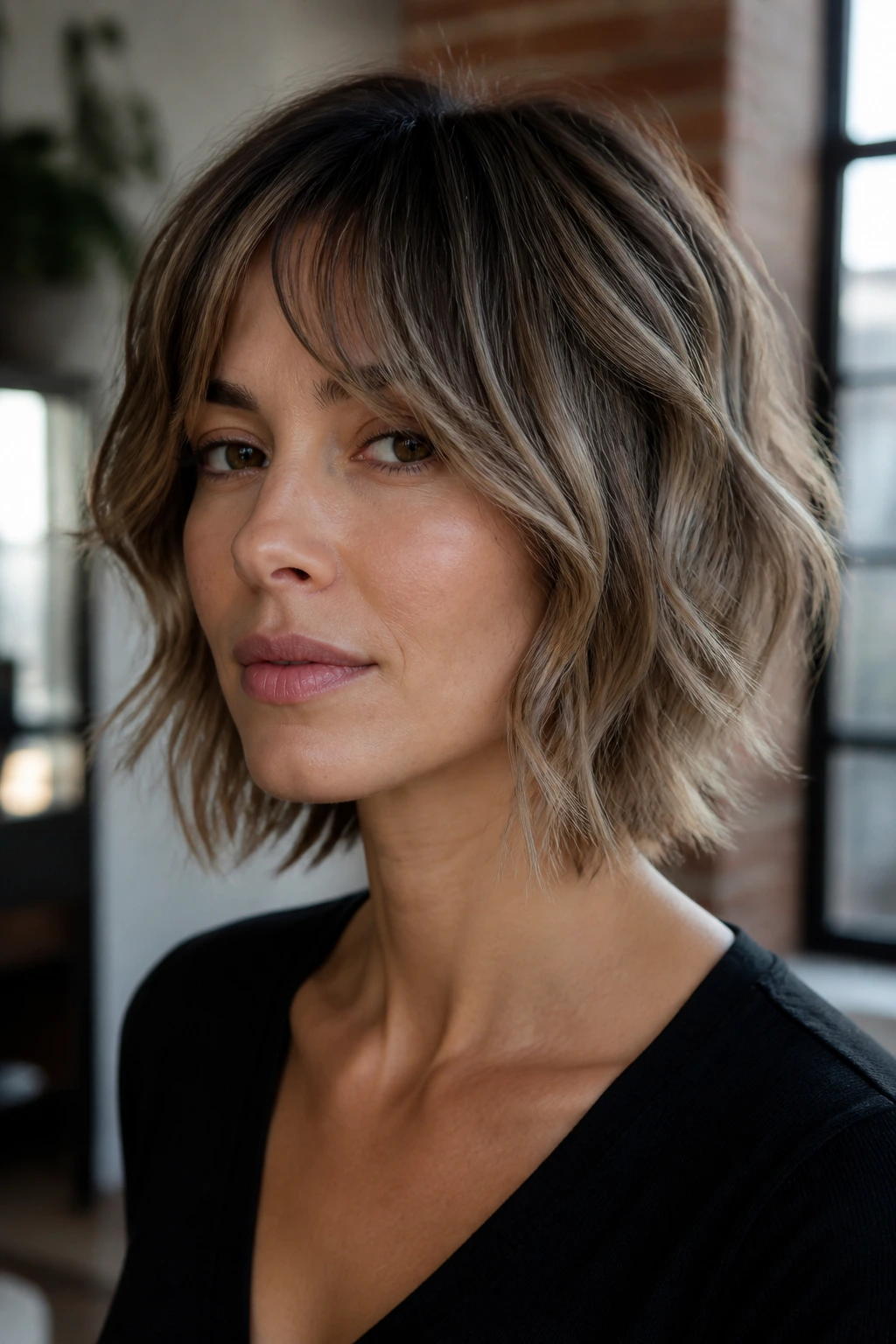Close-up of a woman with shag bob featuring smoky bronde highlights on textured layers