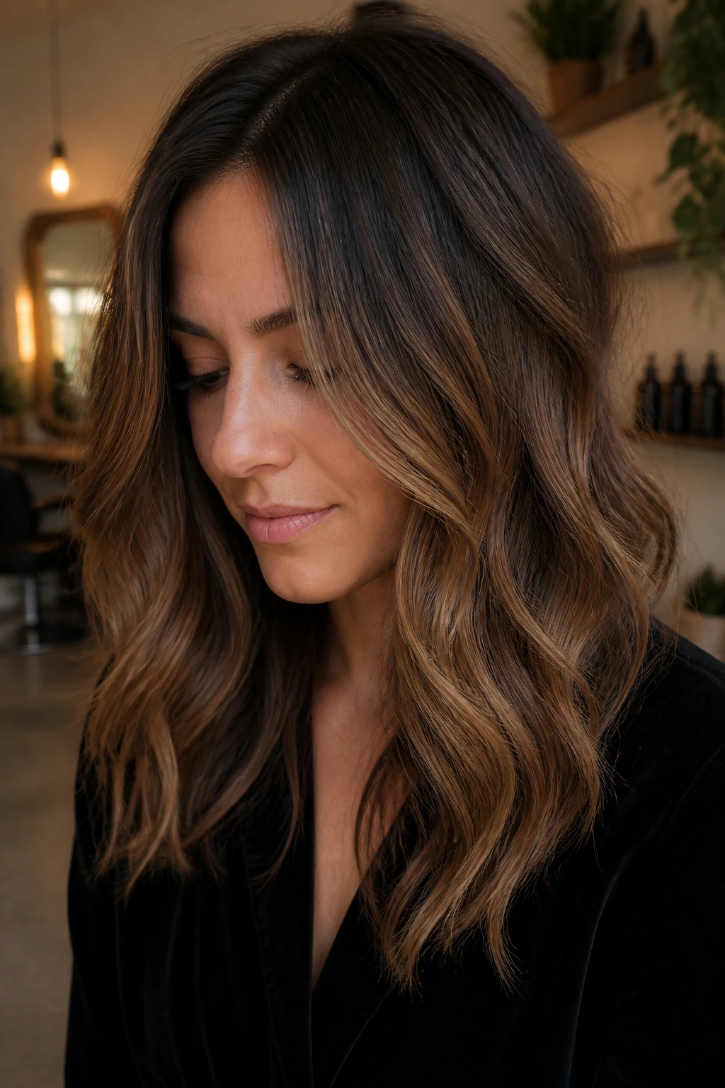 Close-up of a real woman with smoky bronze balayage color on hair.