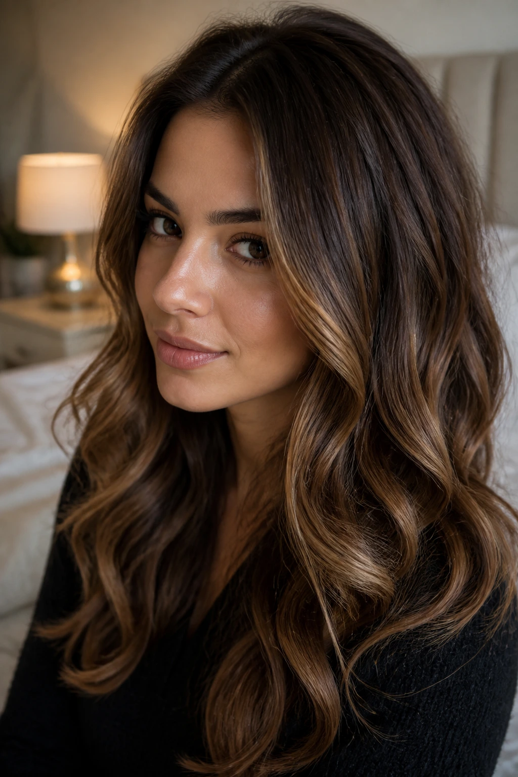 Close-up of smoky bronze balayage hair with warm bronze ribbons