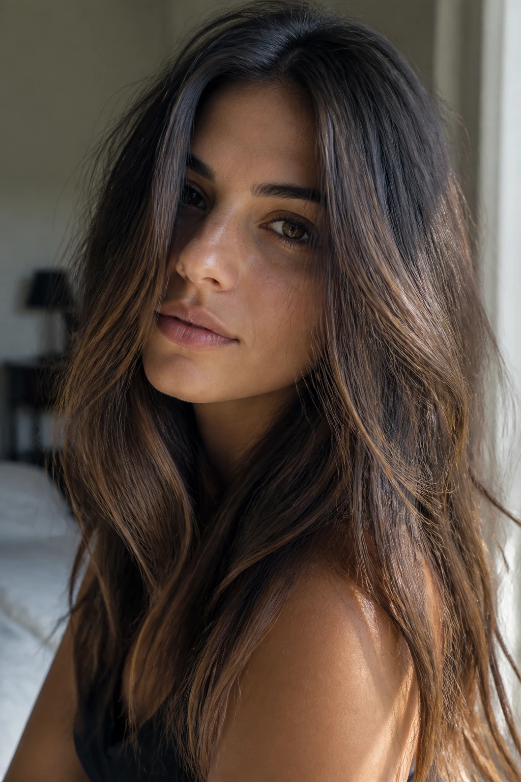 Close-up portrait of a real woman with smoky bronze brunette hair in warm window light