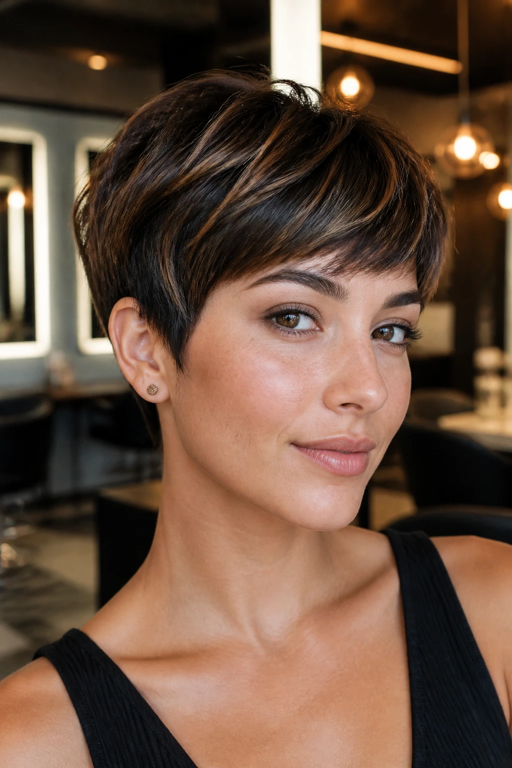 Close-up of cropped hairstyle with smoky bronze balayage in warm salon lighting