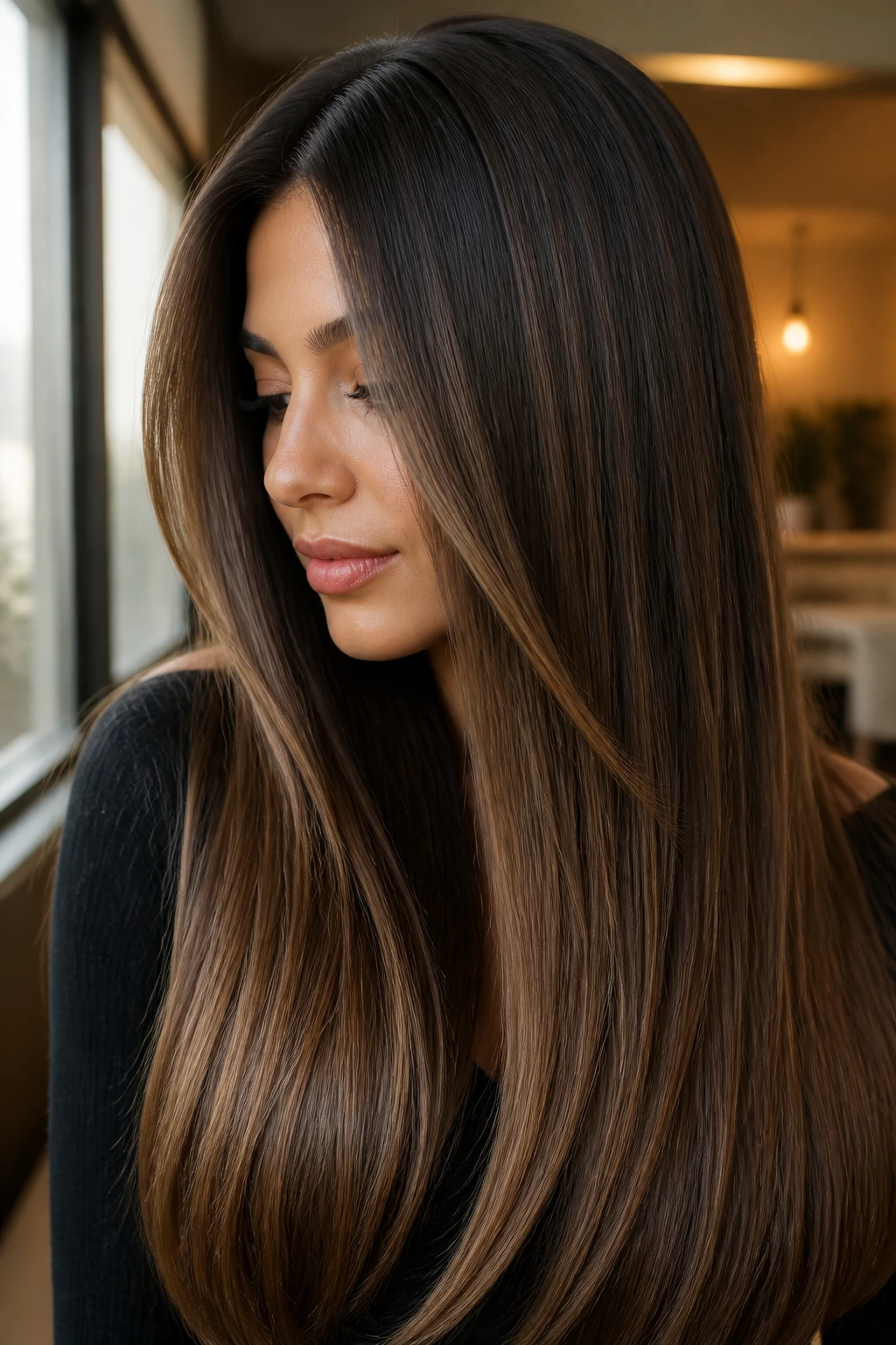Close-up portrait of brunette woman showing smoky bronze melt with warm highlights
