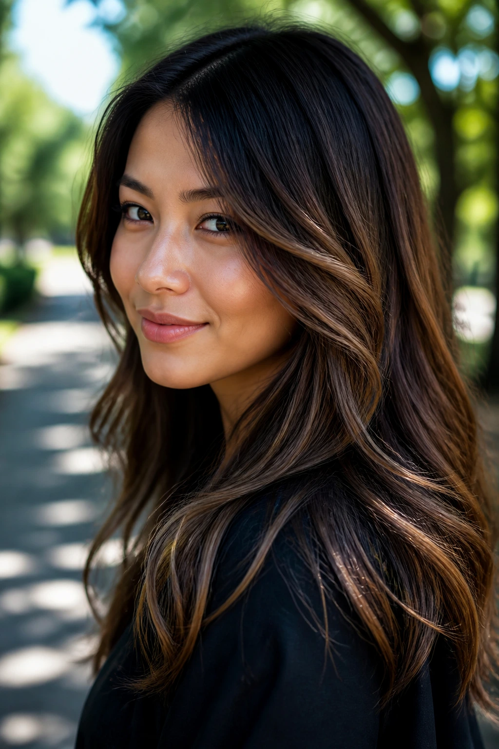Close-up of dark brown hair with smoky bronze ribbons