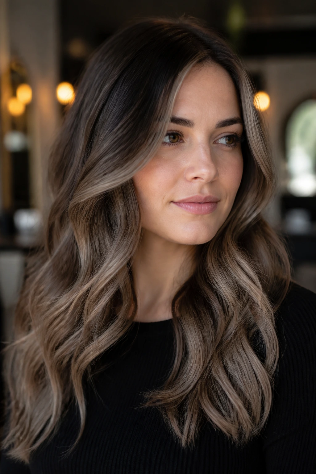 Real woman with smoky brunette balayage, moody lighting