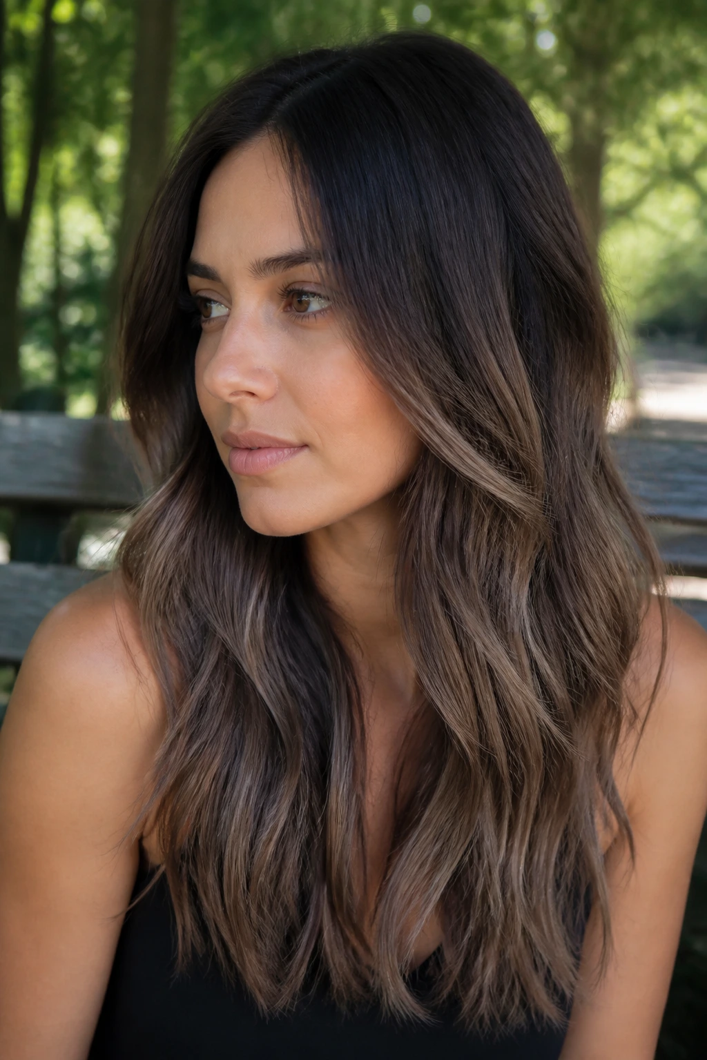 Close-up of smoky brunette balayage with cool ends on a real person
