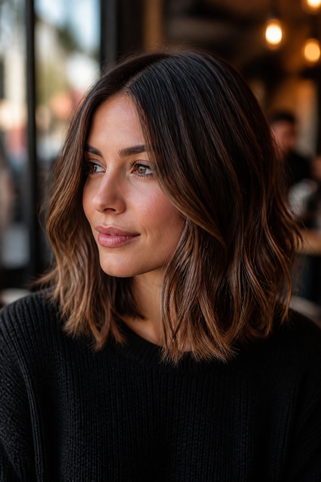 Close-up of a woman with smoky brunette lob and warm balayage