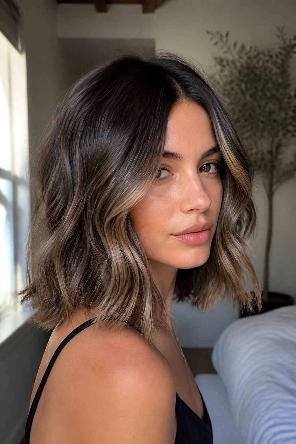Close-up portrait of a real woman with smoky brunette balayage in ash-beige tones.