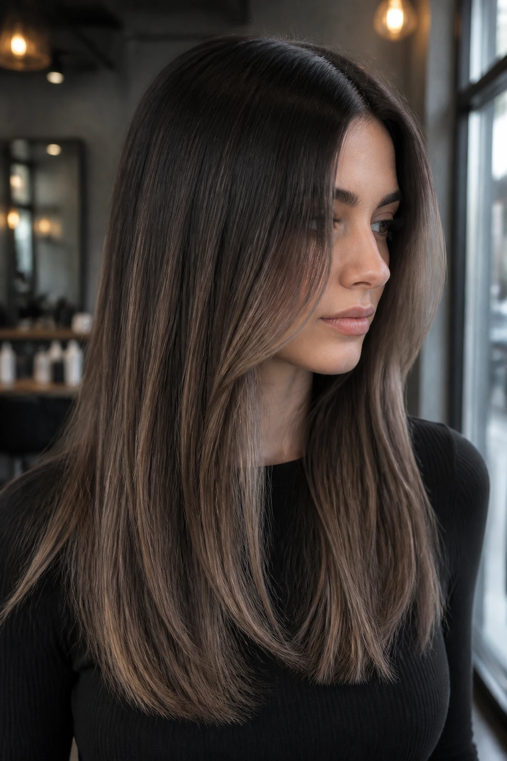 Portrait of a real woman with smoky brunette balayage on straight hair in a modern salon