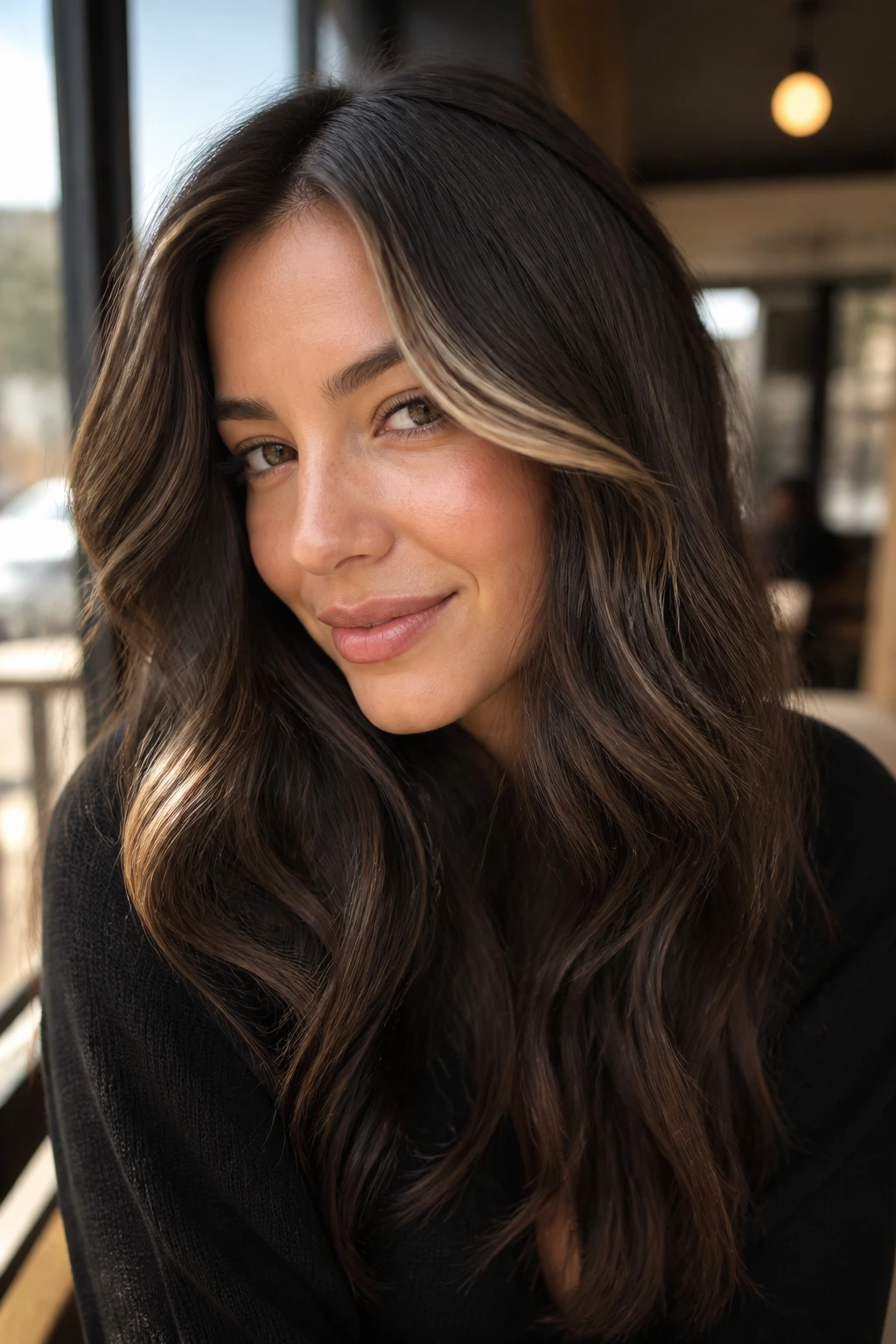 Portrait of a woman with smoky brunette hair and champagne peek highlights at the temple