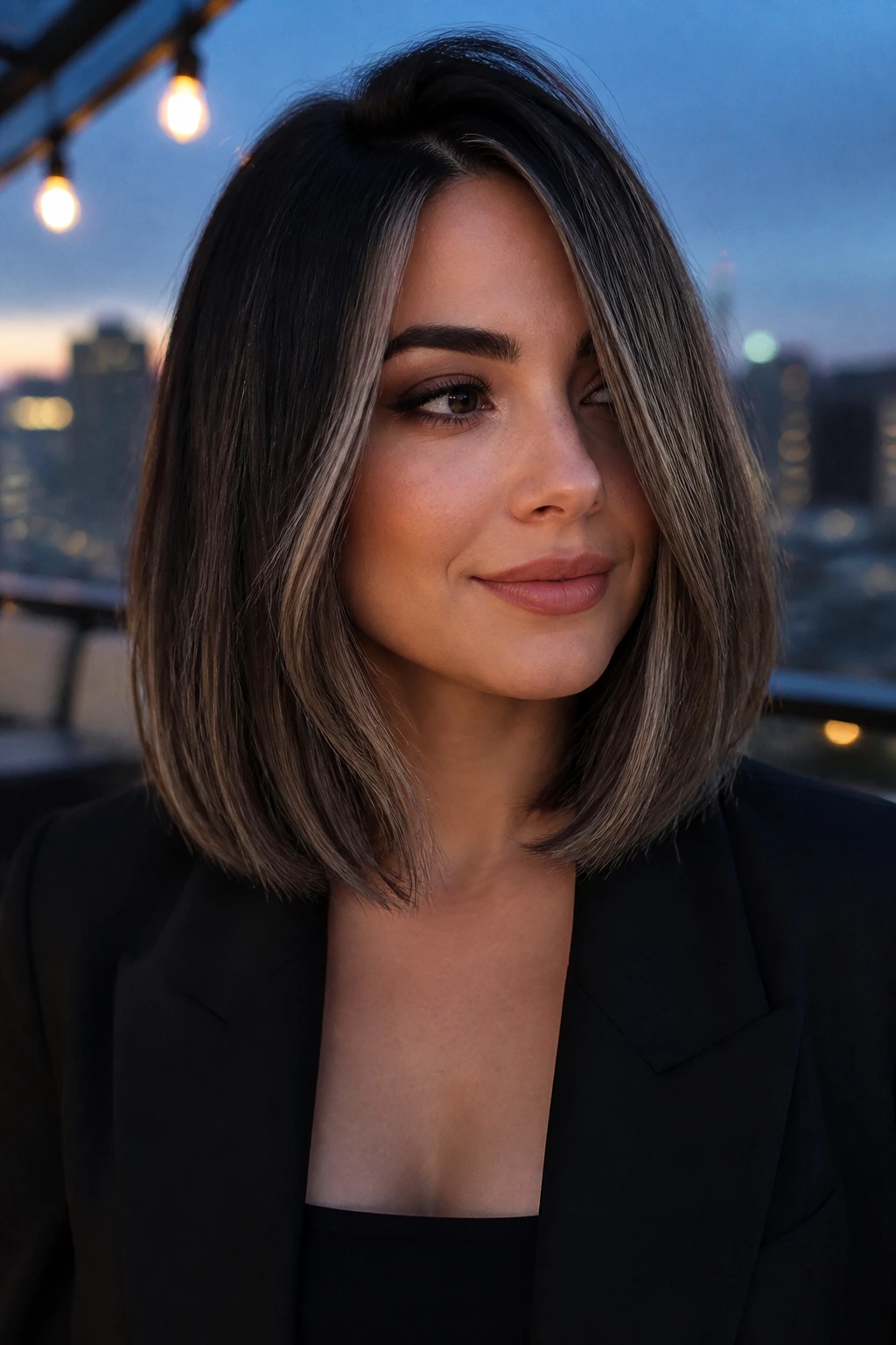 Portrait of a real woman with smoky brunette lob and front lighter panels