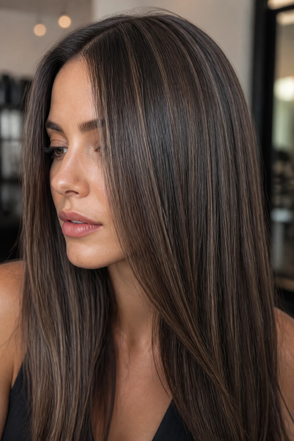 Close-up of a real woman's straight hair with smoky brunette lowlights