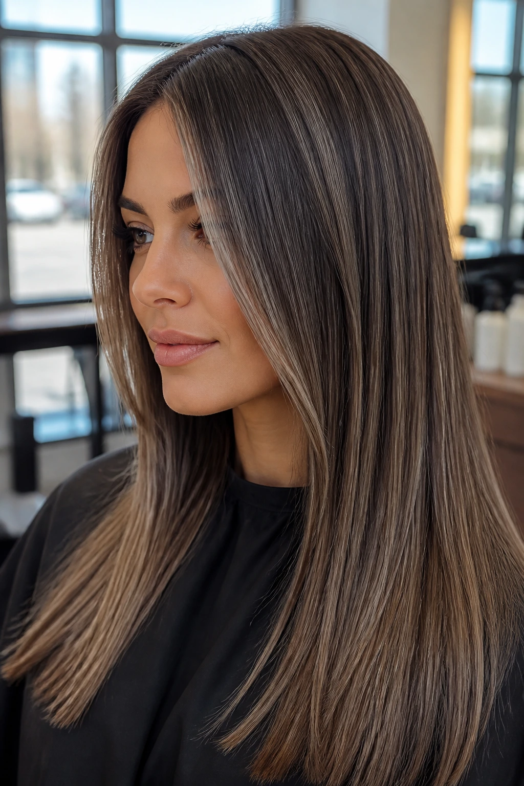 Close-up of straight hair with smoky brunette lowlights for depth