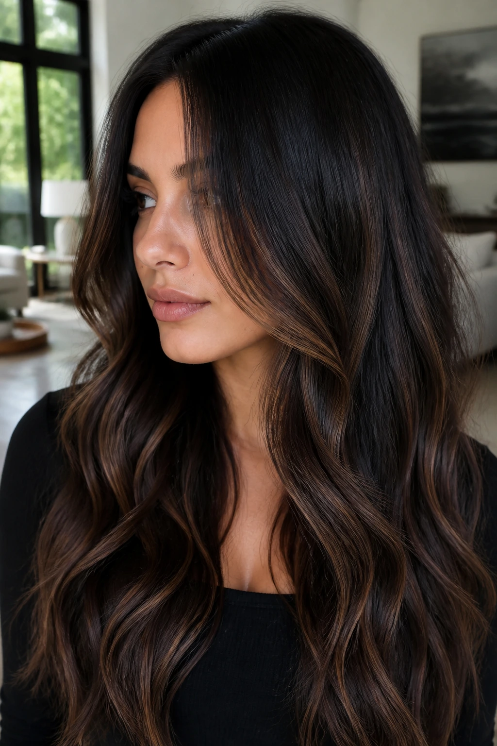 Close-up of a real woman with smoky brunette balayage and mocha ribbons in a softly lit living room.
