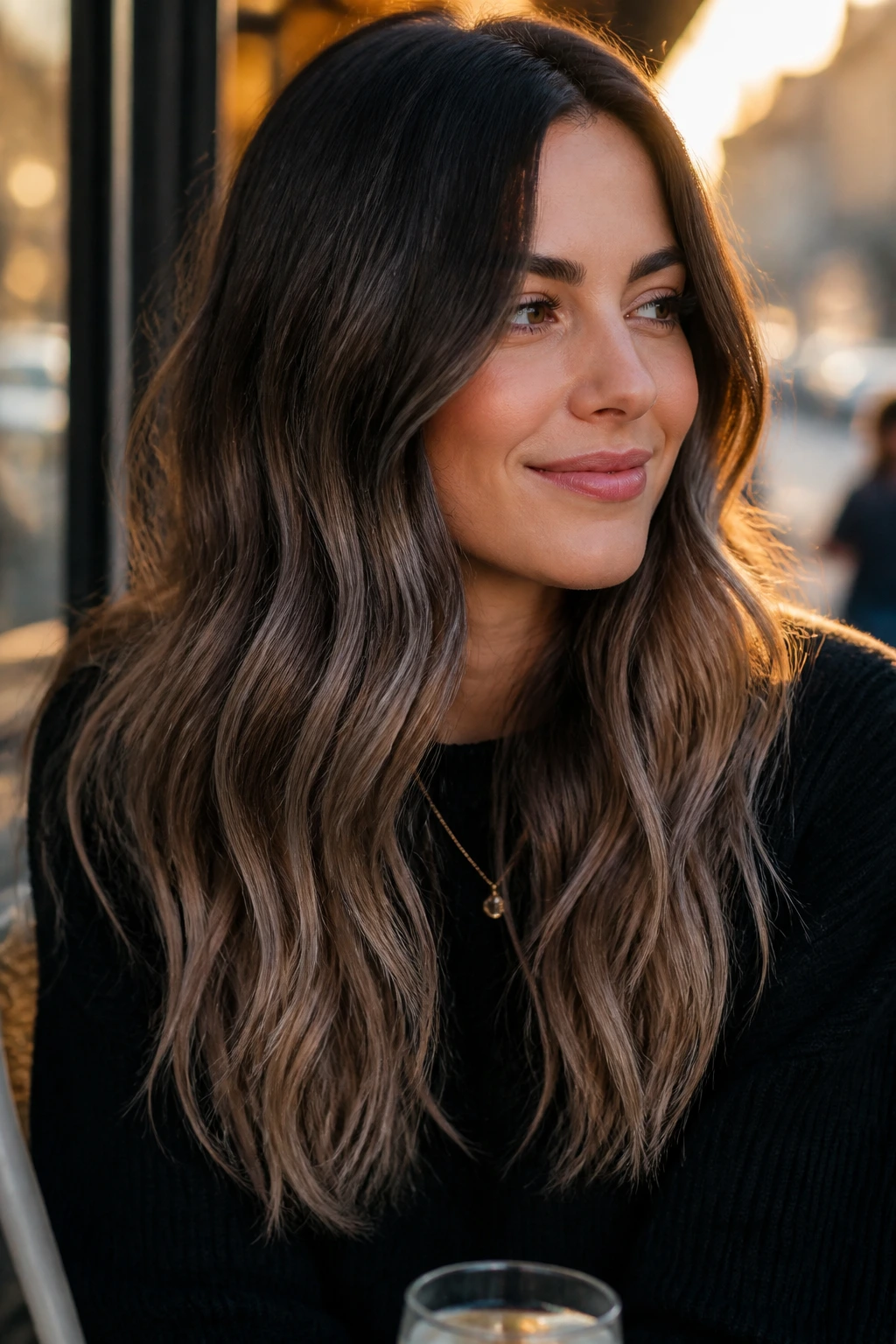 Close-up portrait of a real woman with Smoky Brunette Ombré hair in dark roots to lighter ends on waves.