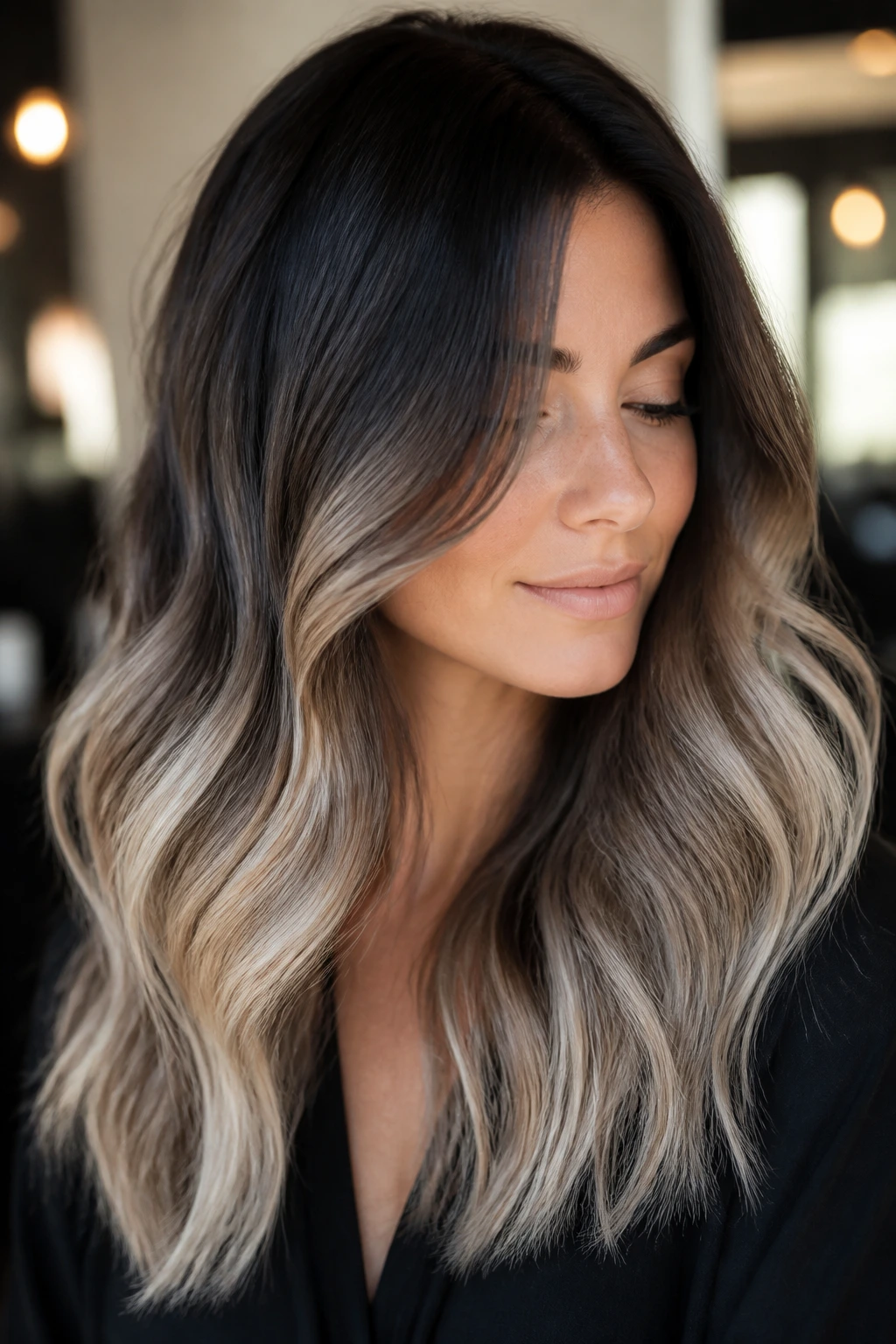 Close-up of smoky brunette with pearl blonde ends on a real person