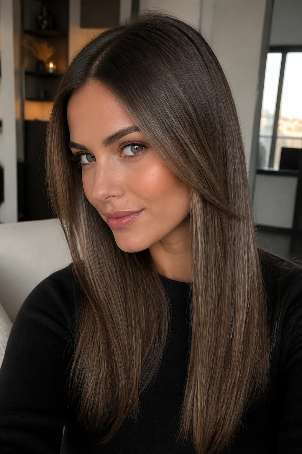 Real woman with smoky brunette hair and root shadow