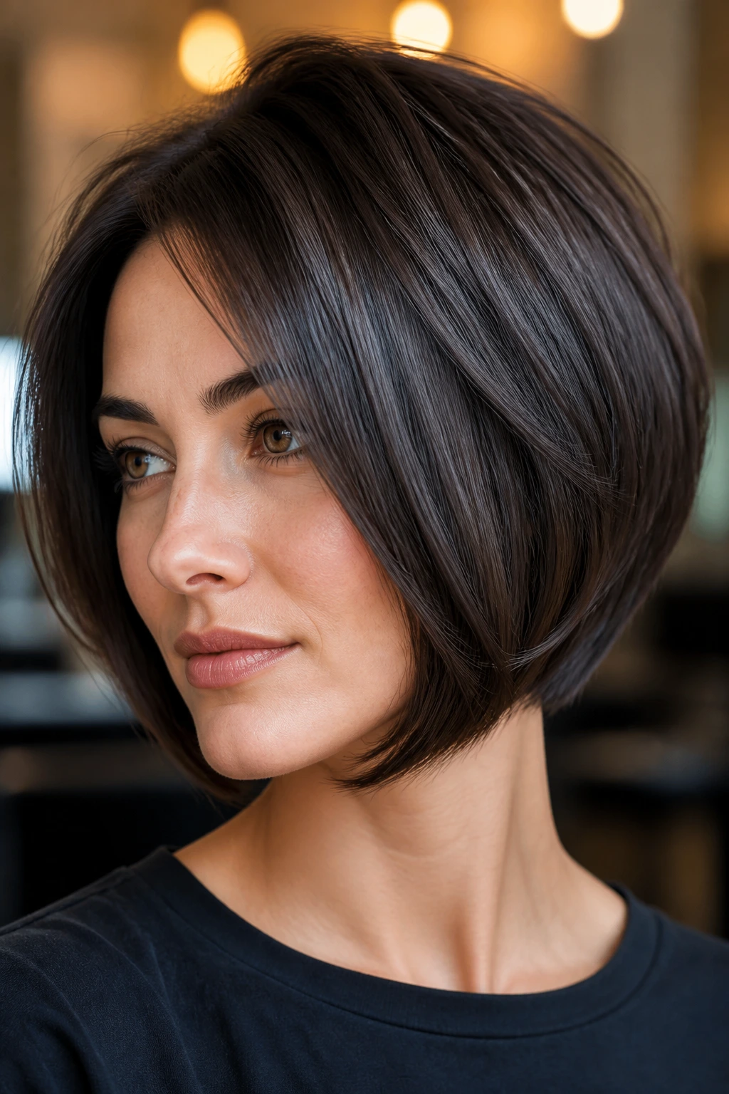 Portrait of a real person with smoky brunette stacked bob and refined silhouette