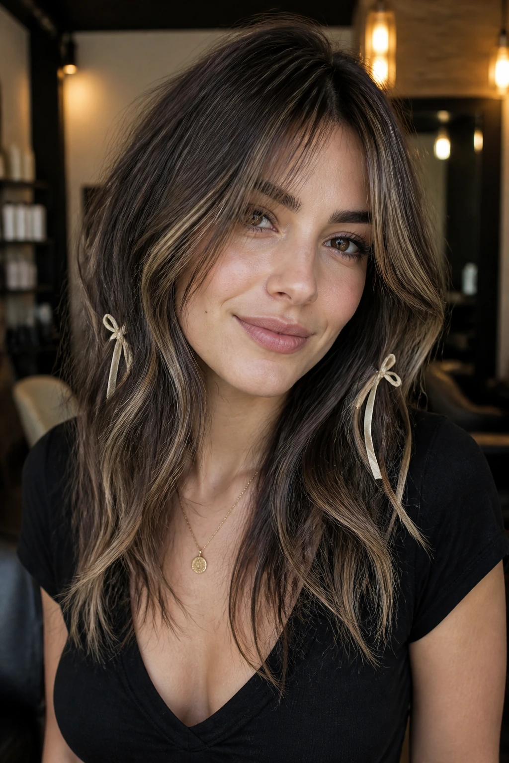 Close-up portrait of a real woman with smoky brunette wolf cut beige ribbons