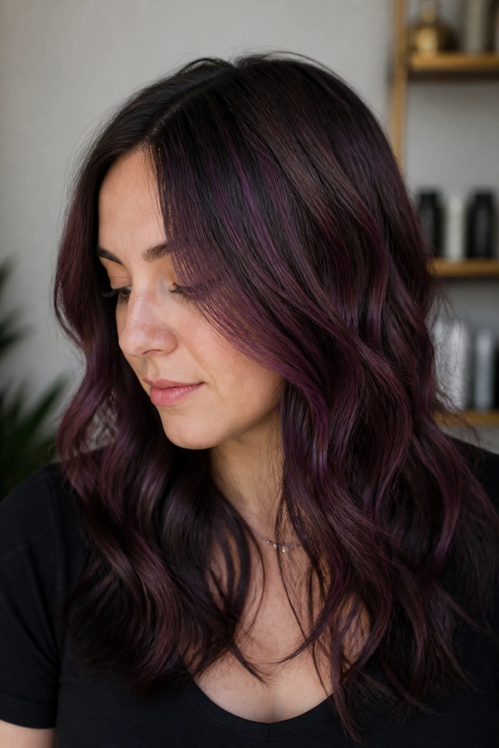 Close-up of ash brown hair with smoky burgundy highlights in soft indoor light