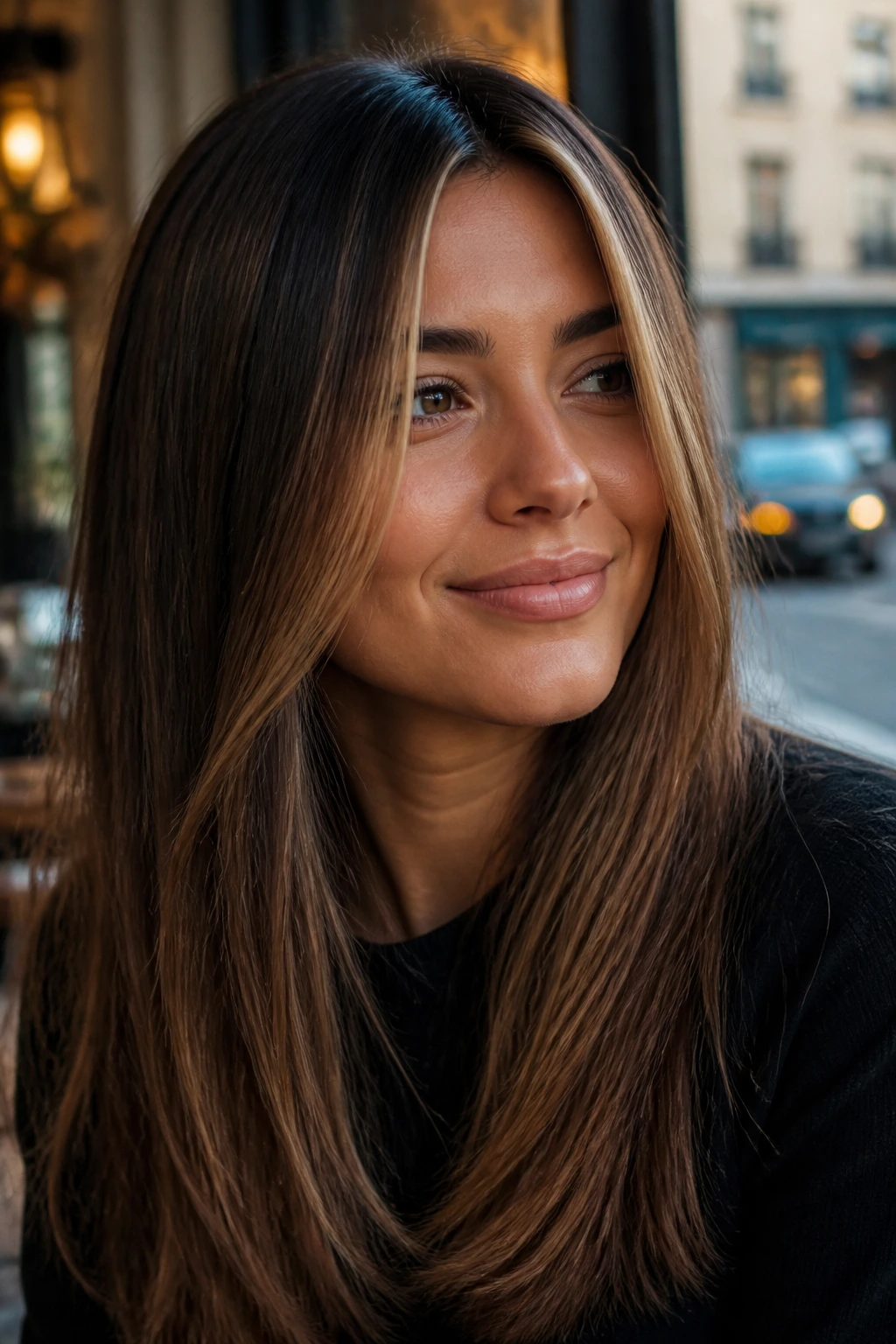 Close-up of a real woman with smoky caramel contour on straight hair