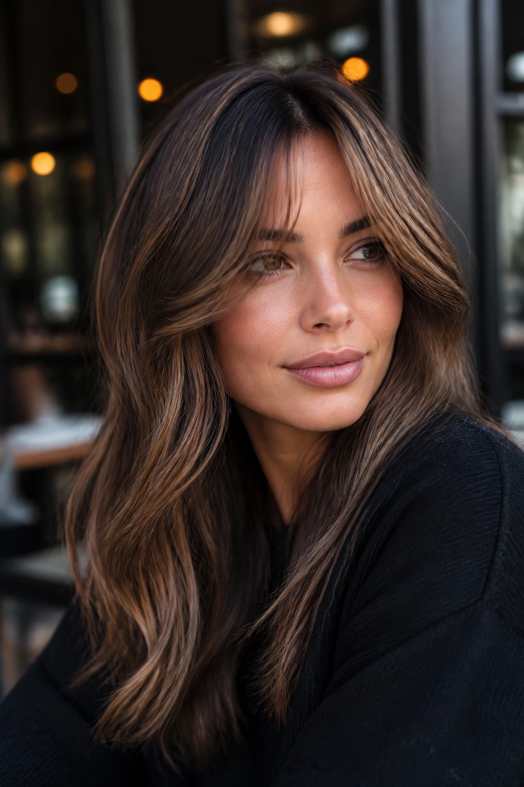 Close-up portrait of a real person with smoky caramel curtain bangs in an urban cafe setting.