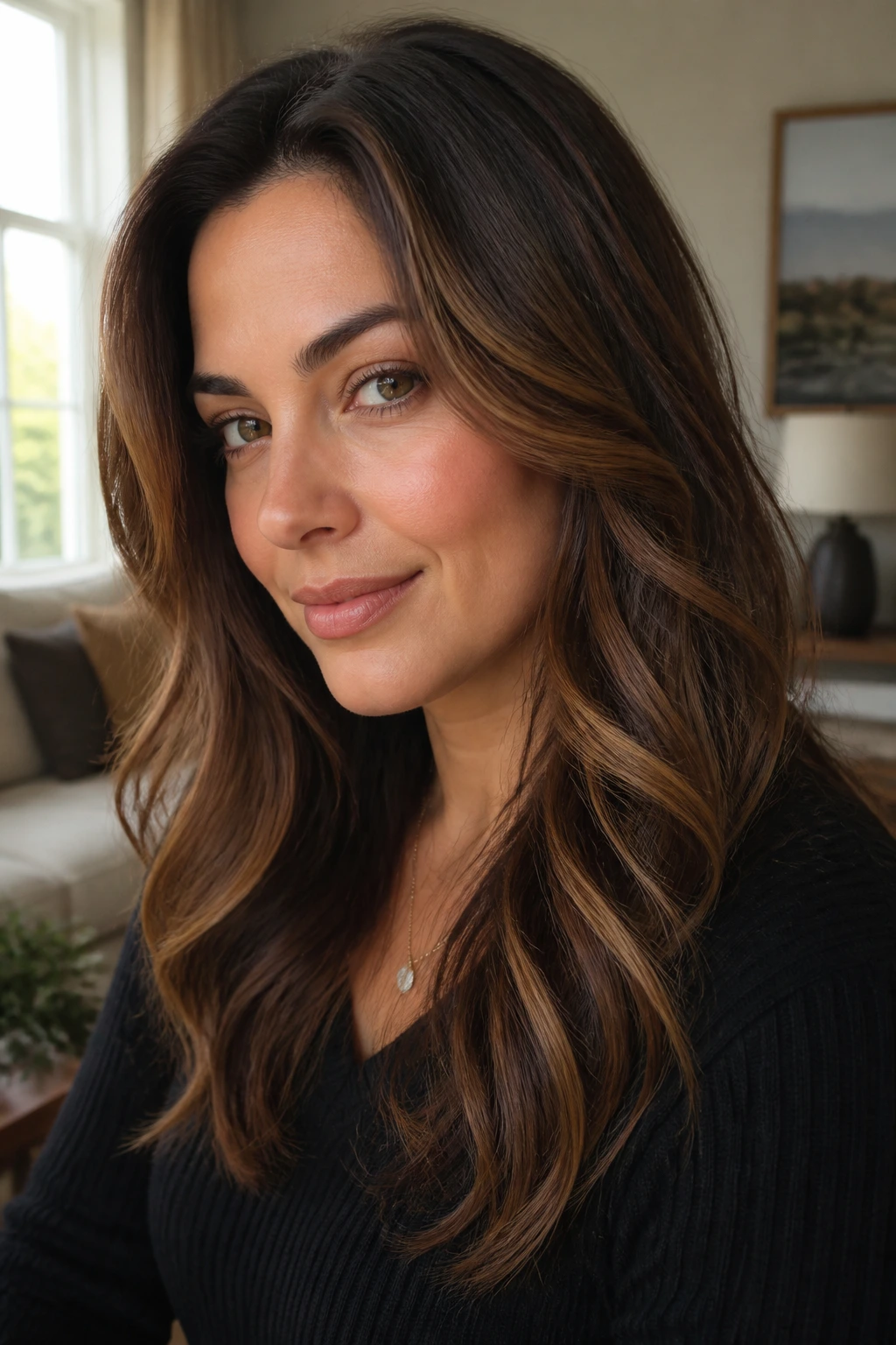 Close-up of brunette hair with smoky caramel sweep through the lengths.