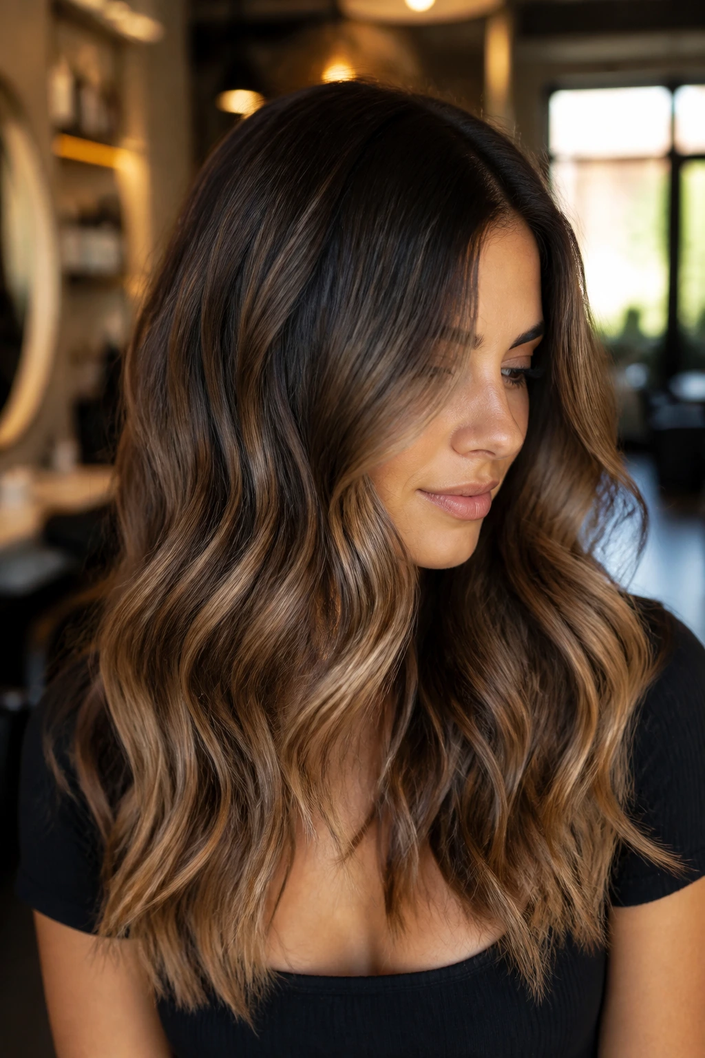 Brunette with smoky caramel melt hair in warm salon lighting
