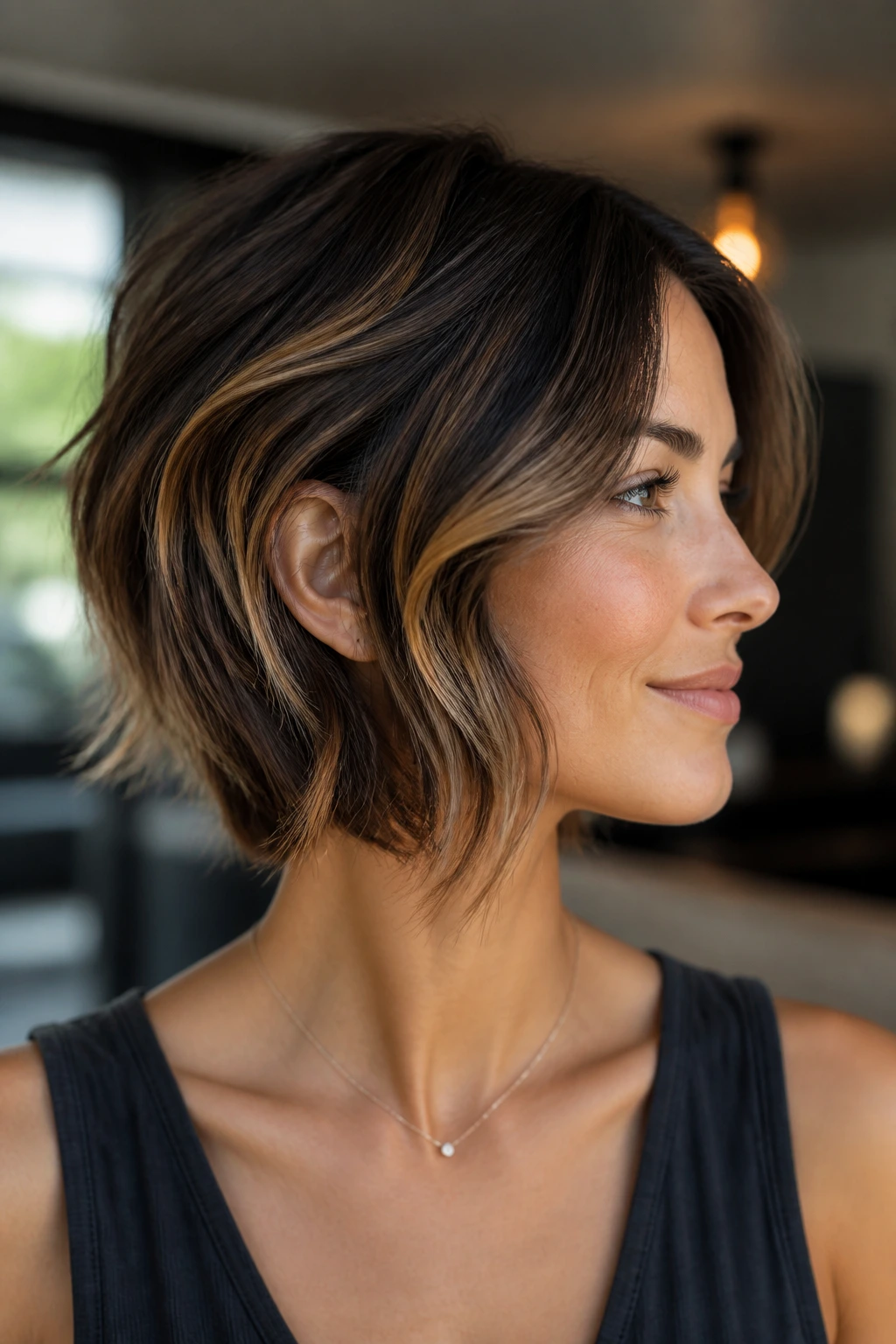 Portrait of a person with smoky caramel S-curve ribbons in short hair
