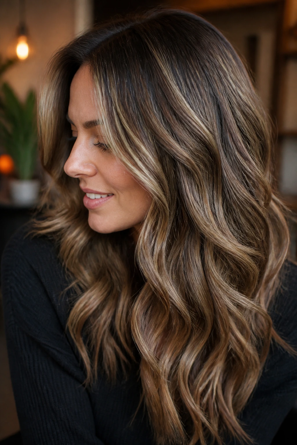 Close-up of a real woman with smoky champagne highlights on brunette hair in soft ambient light