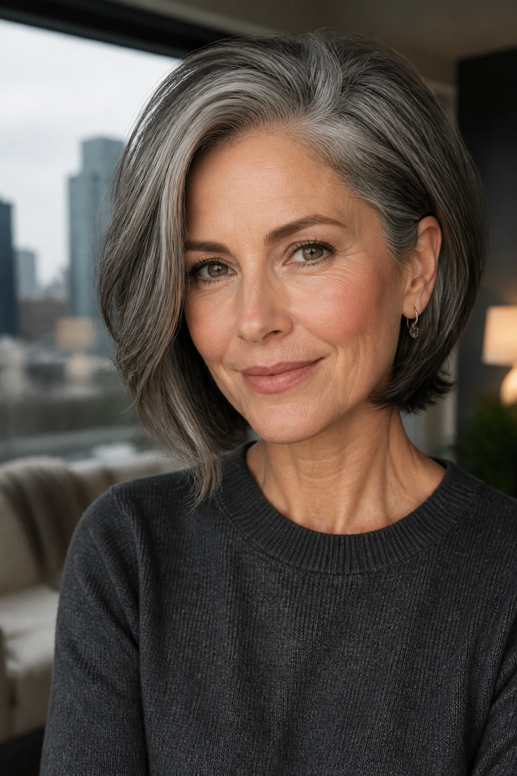 Close-up portrait of a real woman with smoky charcoal hair and silver highlights