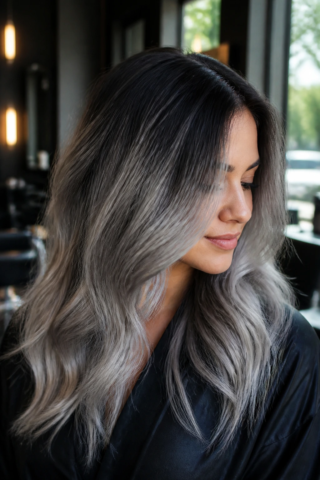 Real person with charcoal-to-silver hair melt in a moody salon
