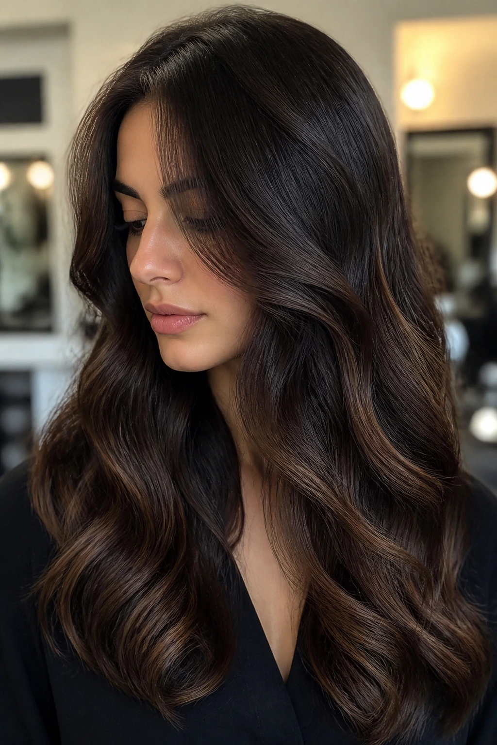 Close-up of real person with deep dark hair showing smoky chestnut tones and brown reflect