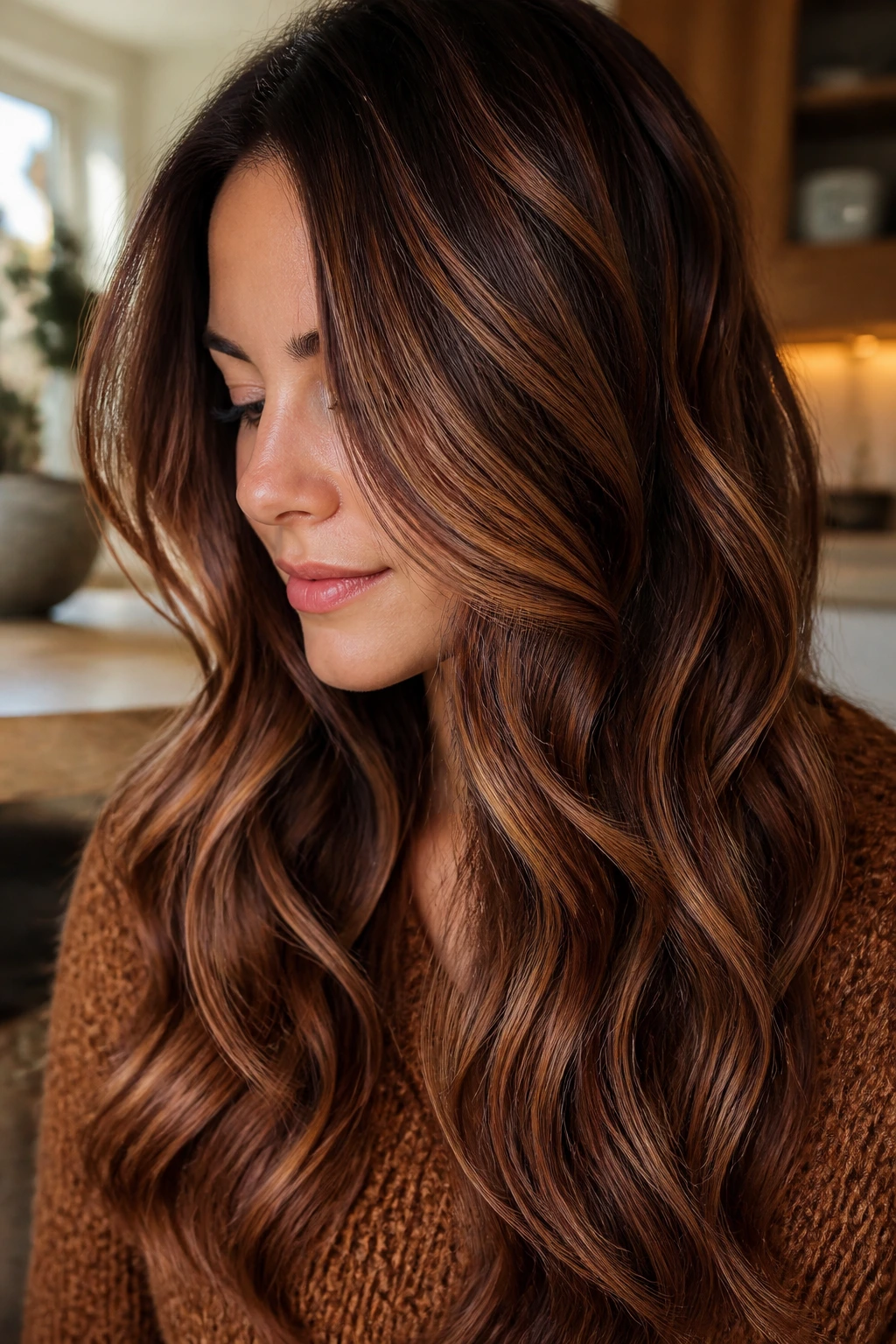 Close-up of a real person with smoky cinnamon balayage for fall.