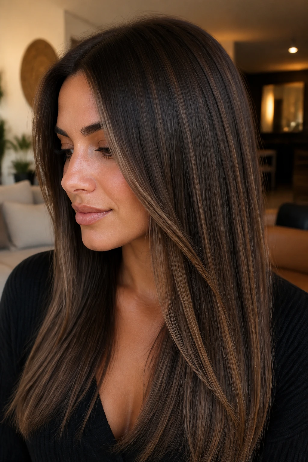 Close-up of a real brunette with smoky cocoa balayage showing dimension in natural light.